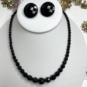 Vintage Necklace Earring West German Black Glass Bead Set Choker Jewelry JU09